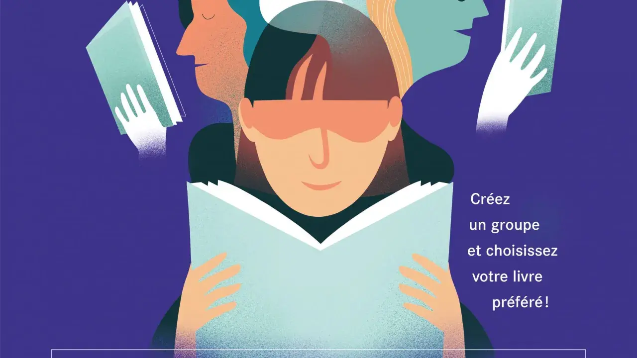 Des visages stylisés lisent des livres, certains tenant des ouvrages comme s'ils étaient des prix littéraires.
