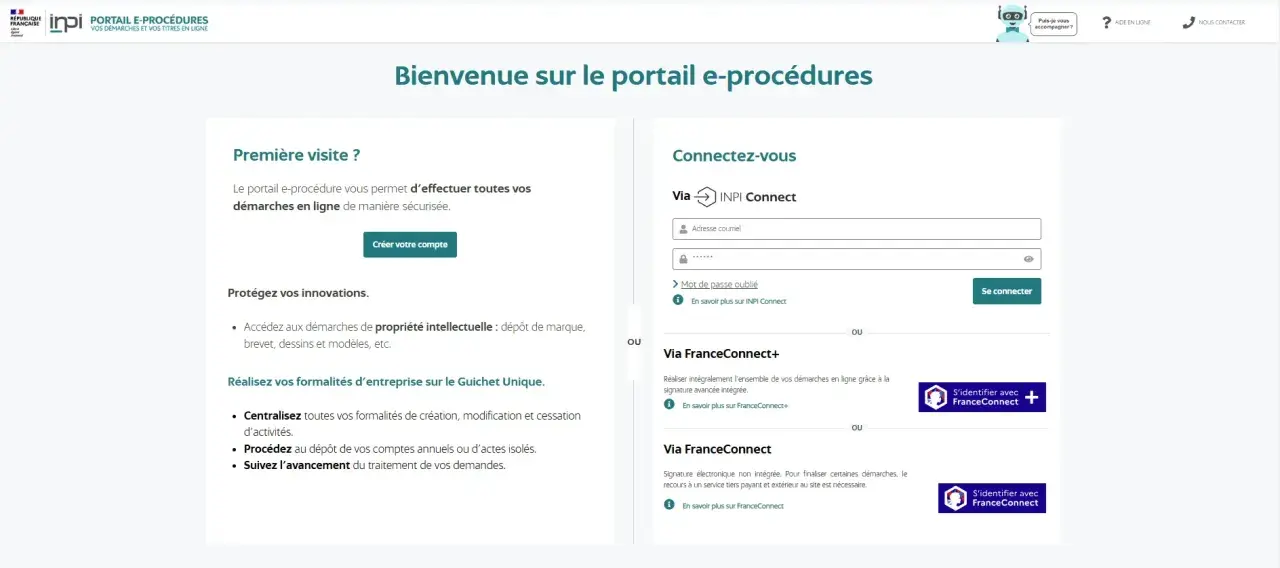 Bienvenue sur le portail e-procédures. Créez votre compte ou connectez-vous via INPI Connect ou FranceConnect pour vos démarches, comme celles d'une maison d'édition compte d'éditeur.