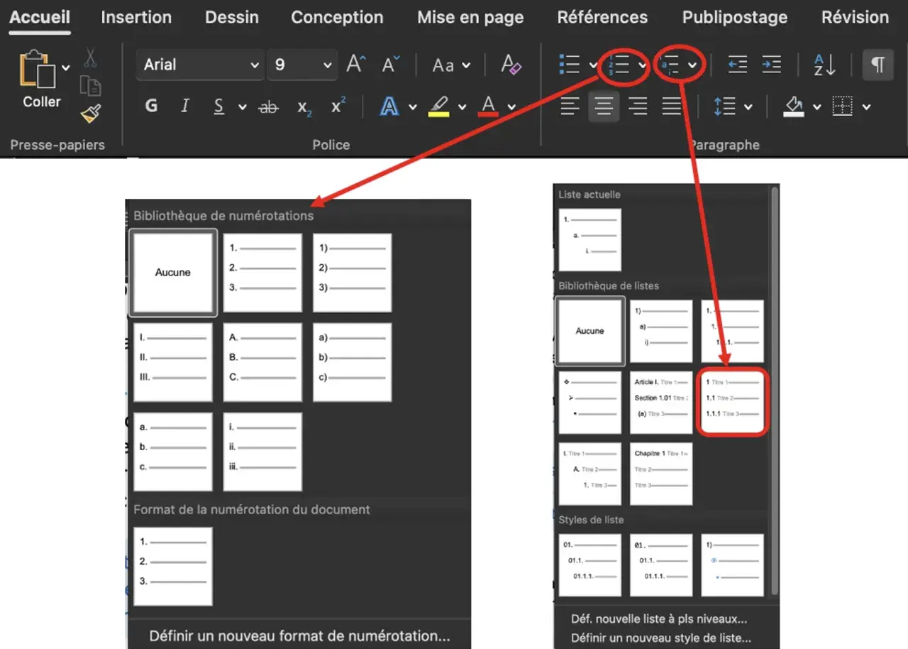 Interface Word montrant la **mise en page automatique** avec des options de listes à puces et numérotées.
