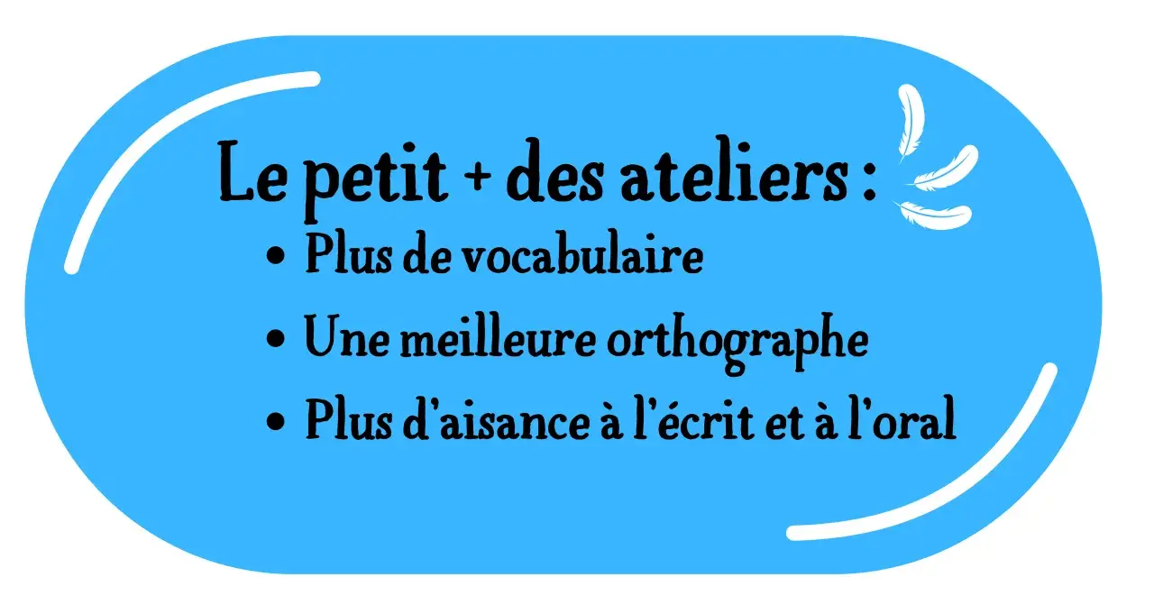 Le petit plus des ateliers : plus de vocabulaire, meilleure orthographe et aisance à l'écrit/oral. Idéal pour un concours d'écriture.