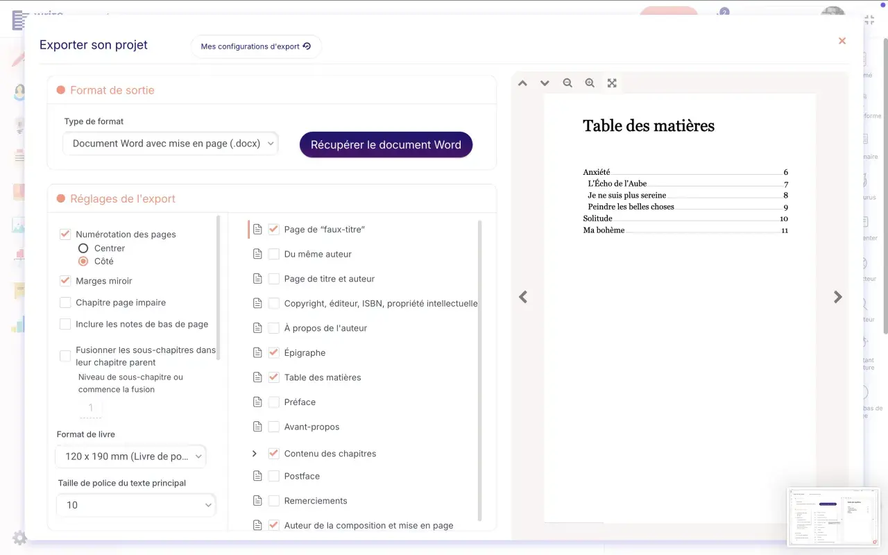 Interface d'une maison d'édition poésie pour exporter un projet en Word. Table des matières visible.