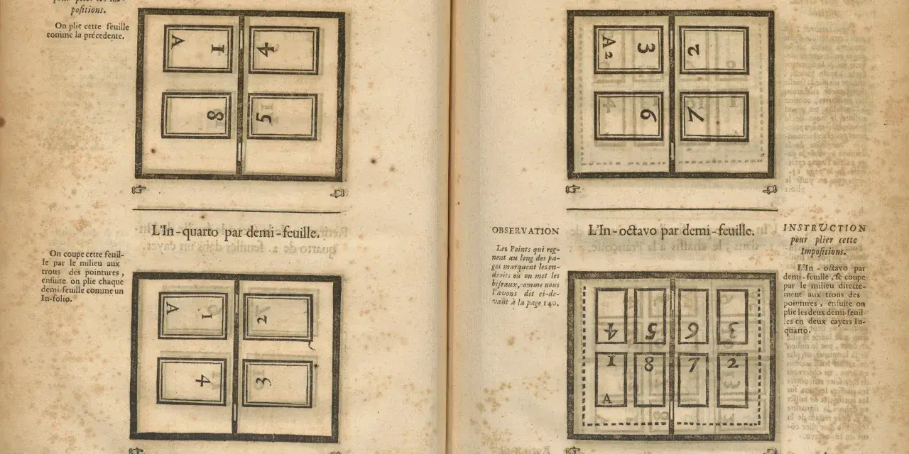 Diagrammes montrant comment plier des feuilles pour imprimer en In-quarto et In-octavo.