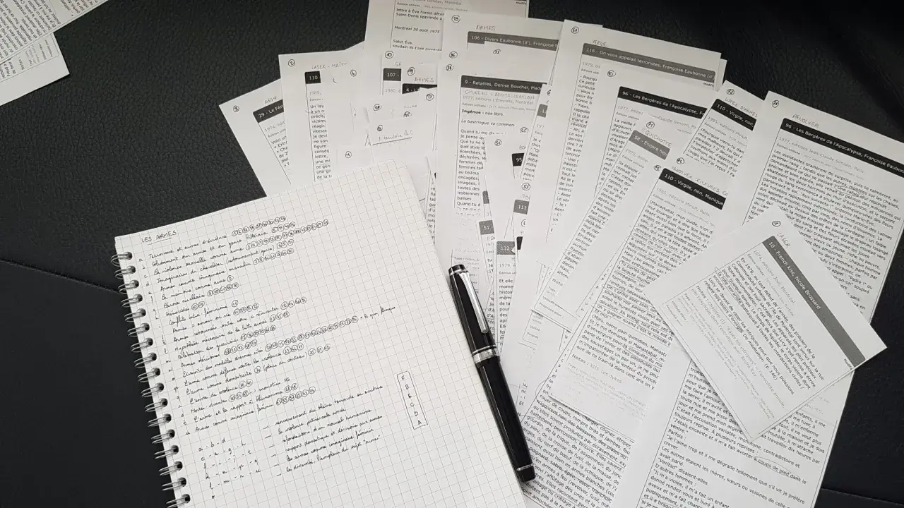 Un cahier de notes avec une liste de mots-clés et des articles de journaux sur le thème des armes. Le synopsis définit le sujet.