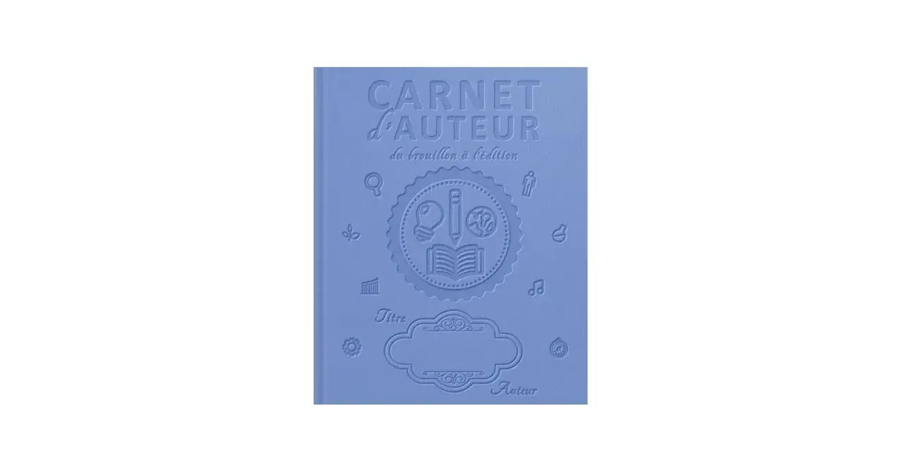 Carnet d'auteur bleu ciel, idéal pour le scrineo manuscrit. Il présente des icônes créatives et un espace pour le titre et le nom de l'auteur.