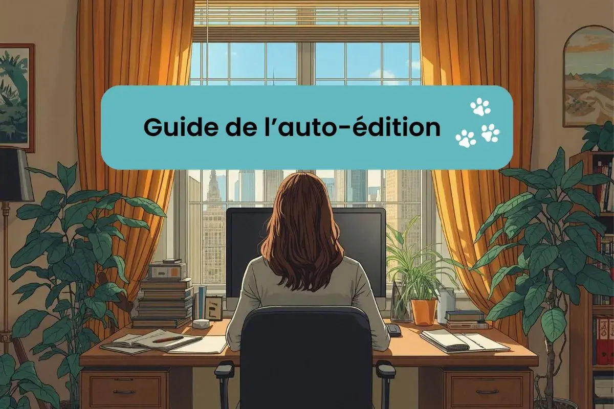 Une personne travaille sur son ordinateur, un guide de l'auto-édition est affiché. C'est quoi l'édition d'un livre ?