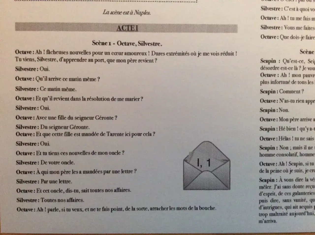 Extrait d'une pièce de théâtre pour collège : Octave apprend le retour de son père et un mariage arrangé. Une scène pleine de rebondissements.