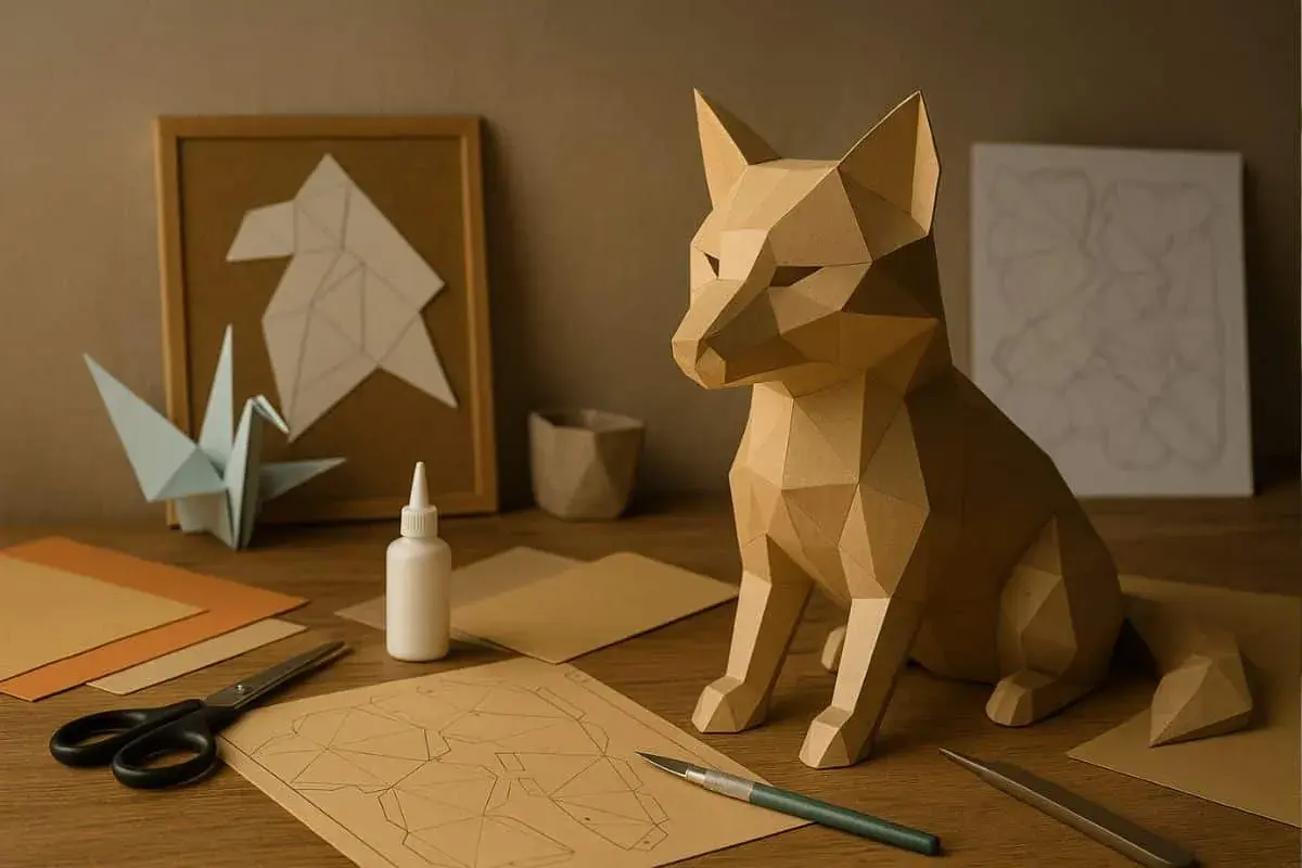 Un renard en papier, prêt à être assemblé, repose sur un bureau avec des ciseaux, de la colle et des patrons. Un origami de grue et un dessin géométrique complètent la scène, comme un projet en format poche.