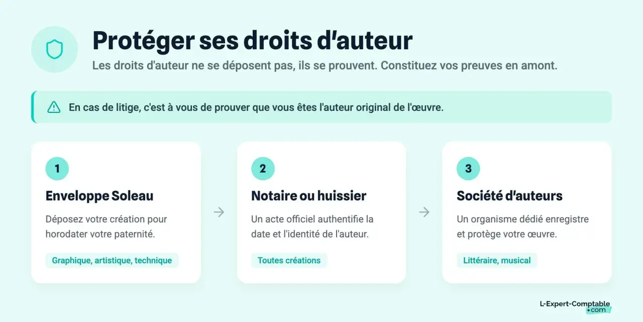 Protéger ses droits d'auteur : 3 méthodes pour prouver votre paternité : Enveloppe Soleau, notaire/huissier, société d'auteurs. Déposer copyright.