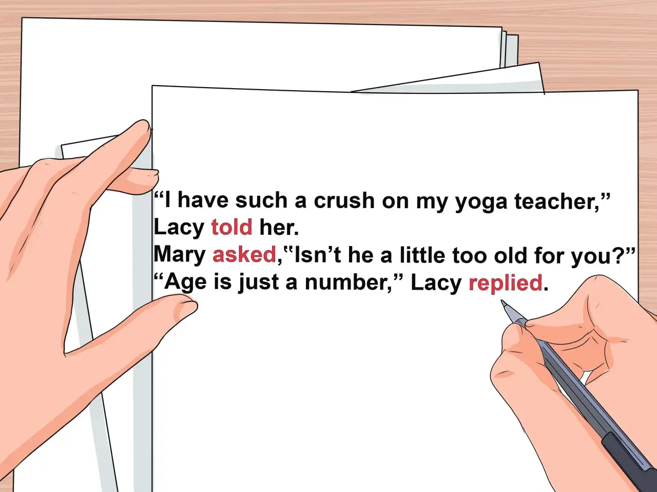 Exemple de dialogue avec ponctuation correcte. Lacy avoue son béguin pour son professeur de yoga, Mary s'interroge sur l'âge.