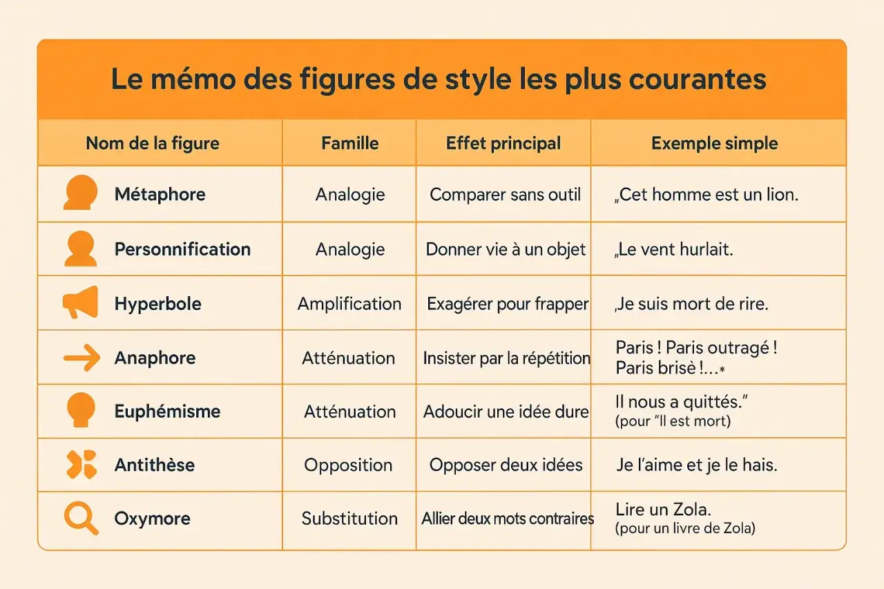 Tableau des figures de style : l'antithèse oppose deux idées, comme dans "Je l'aime et je le hais.