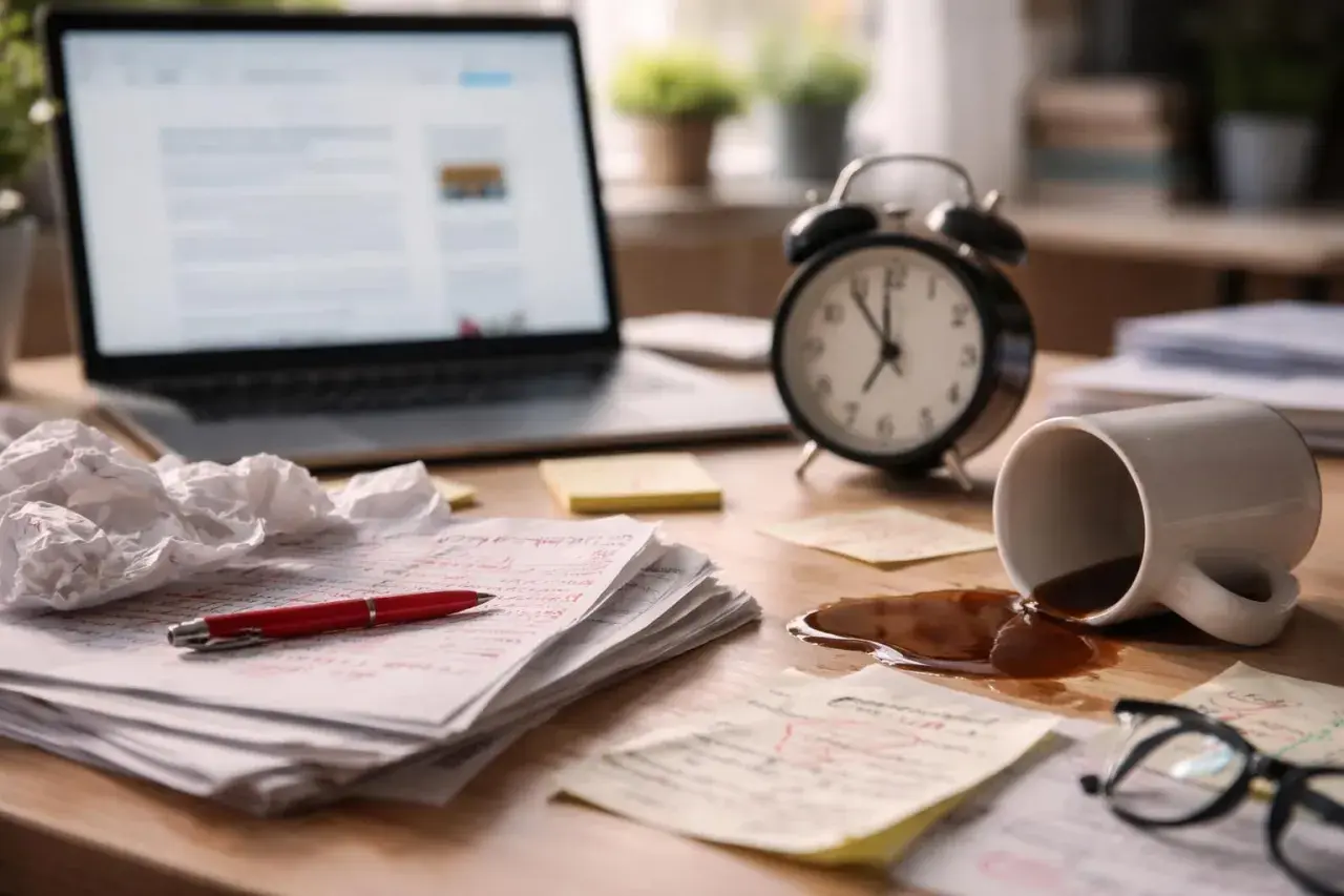 Bureau en désordre : café renversé, papiers annotés, réveil et ordinateur portable. Le travail acharné, sans erreur ou sans erreurs, peut parfois mener à des imprévus.