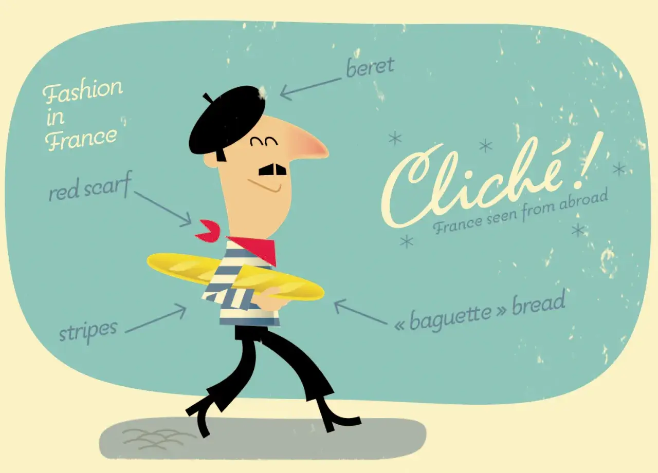 Un homme porte un béret, une marinière, un foulard rouge et une baguette, une figure de style de la mode française.