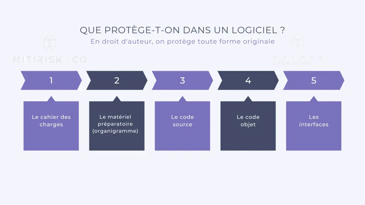 Schéma expliquant ce qui est protégé dans un logiciel : cahier des charges, matériel préparatoire, code source, code objet, interfaces. Une illustration pour une société d'édition.