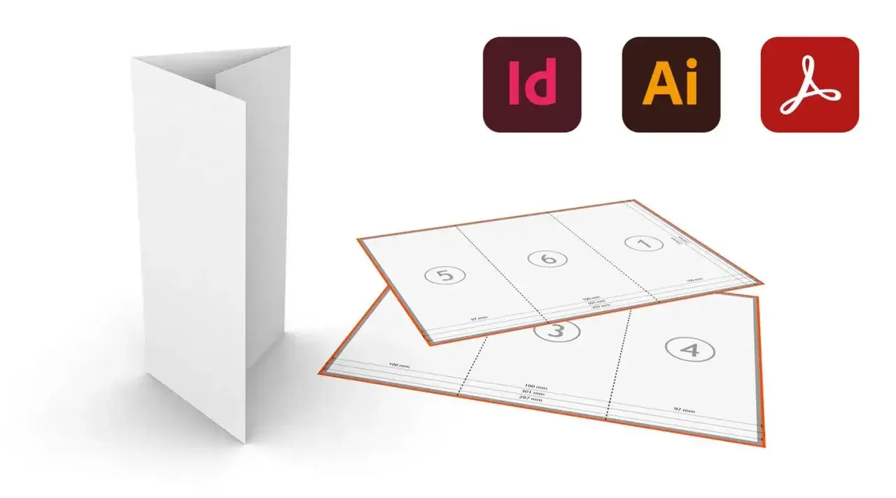 Un dépliant blanc ouvert, avec des gabarits de mise en page imprimés et les logos Adobe InDesign, Illustrator et Acrobat.