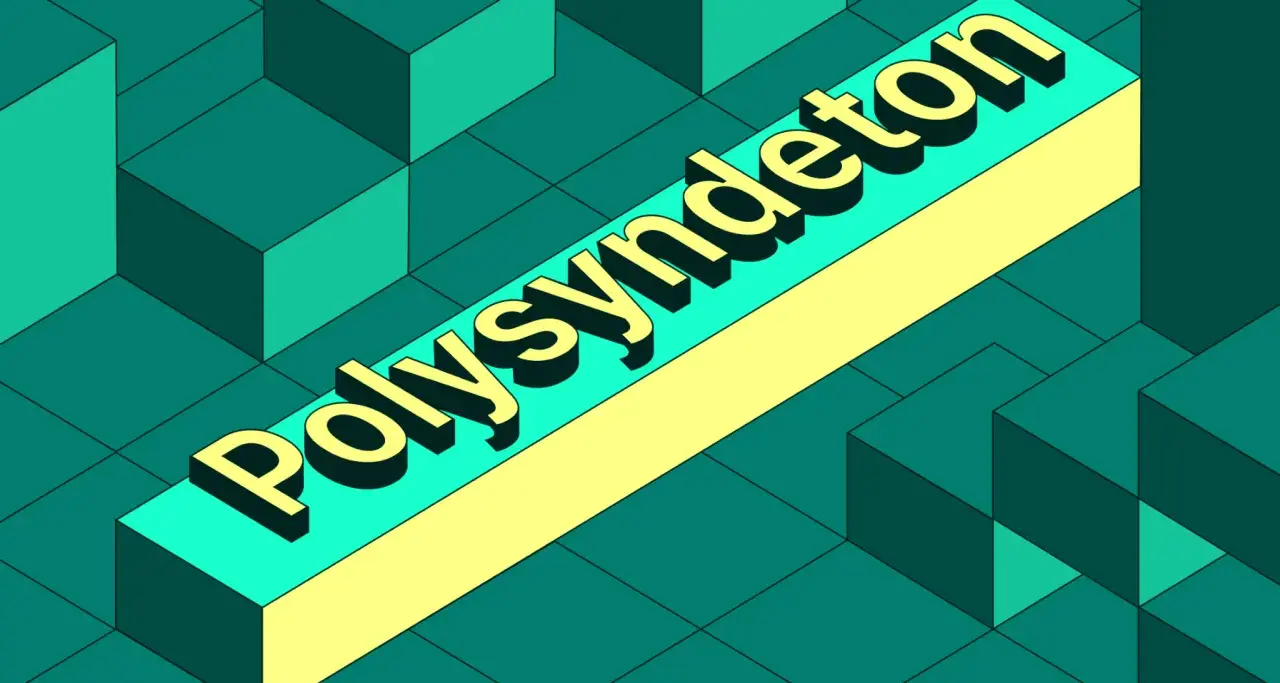 Texte en 3D "Polysyndeton" sur un fond géométrique vert. Le polysyndète, une figure de style, est ici mis en avant.