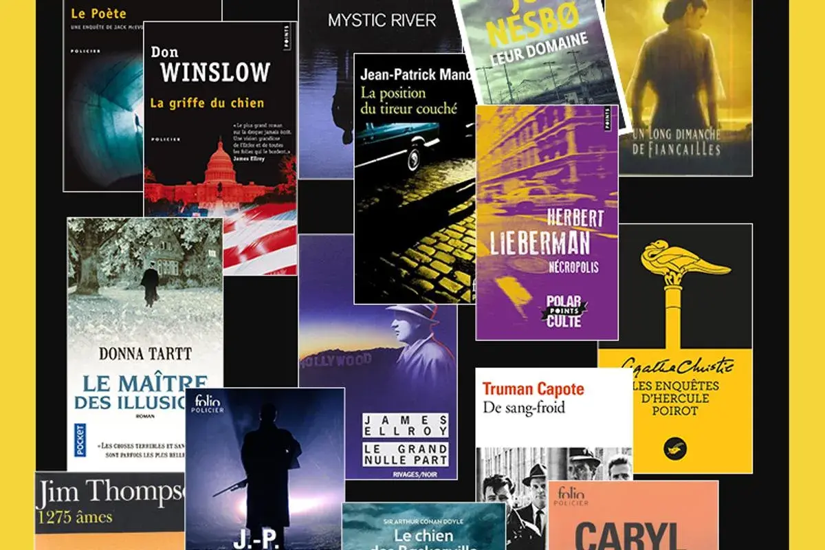 Une mosaïque de couvertures de livres, dont certains des meilleurs polars comme "La griffe du chien" de Don Winslow et "Le maître des illusions" de Donna Tartt.