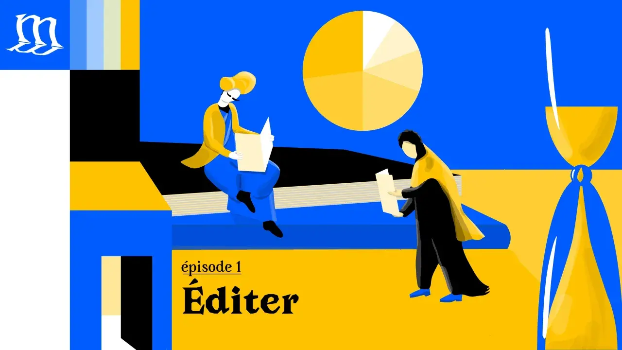 Deux personnes lisent un livre, une scène qui pourrait inspirer un podcast ou une lecture. L'épisode 1 s'intitule "Éditer".