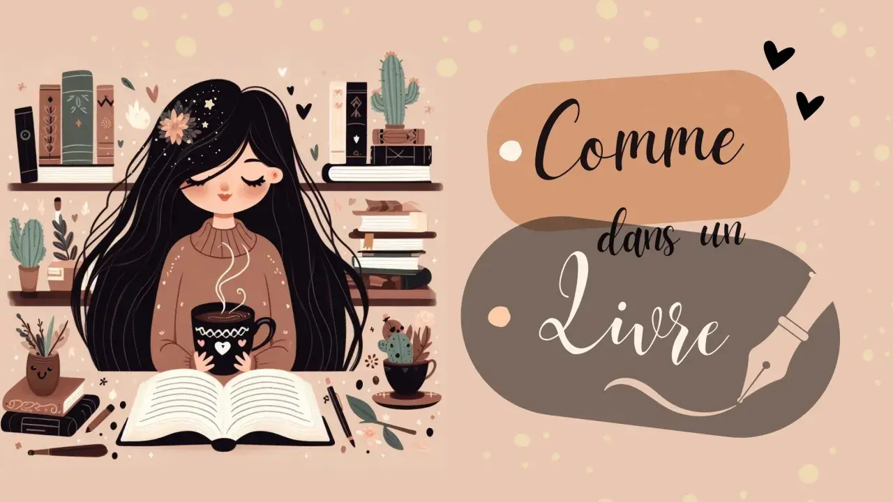 Une jeune femme aux longs cheveux noirs savoure une boisson chaude en lisant un livre ouvert, entourée de plantes et de livres. Un moment de lecture feel good.