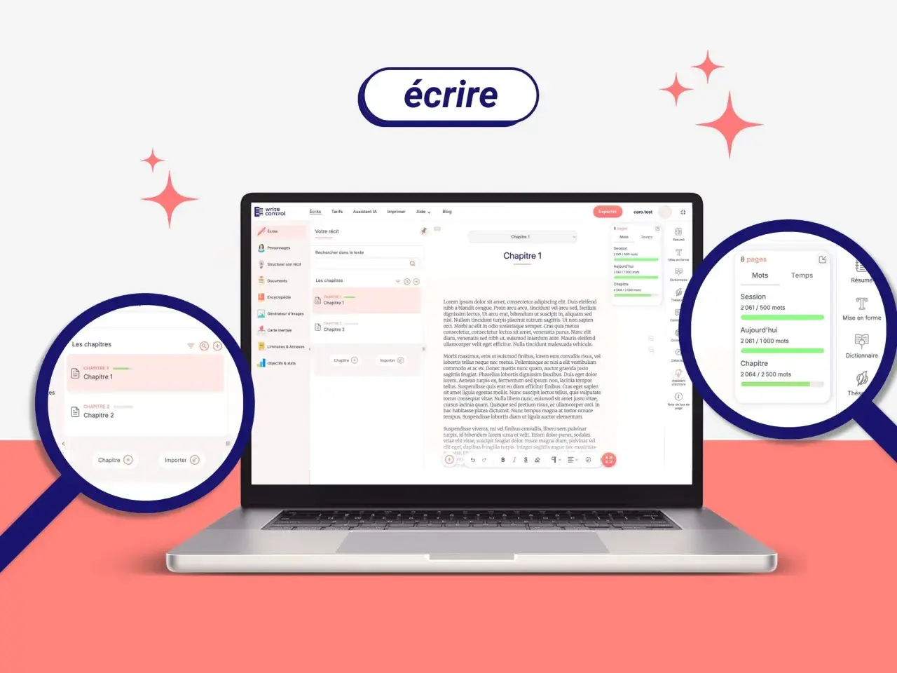 Interface d'un logiciel d'écriture de roman, "Write Control", affichant la gestion des chapitres et des statistiques d'écriture.