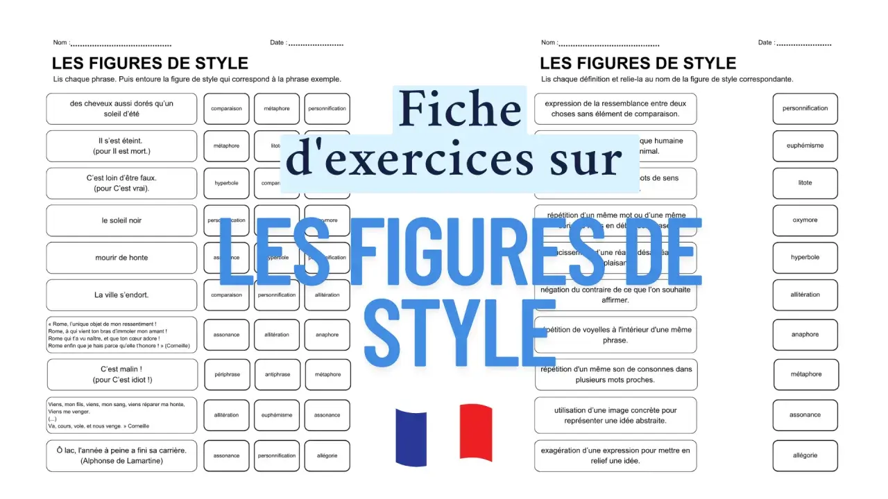 Fiche d'exercices sur le nombre de figures de style. Les élèves doivent identifier et relier les figures de style aux définitions.