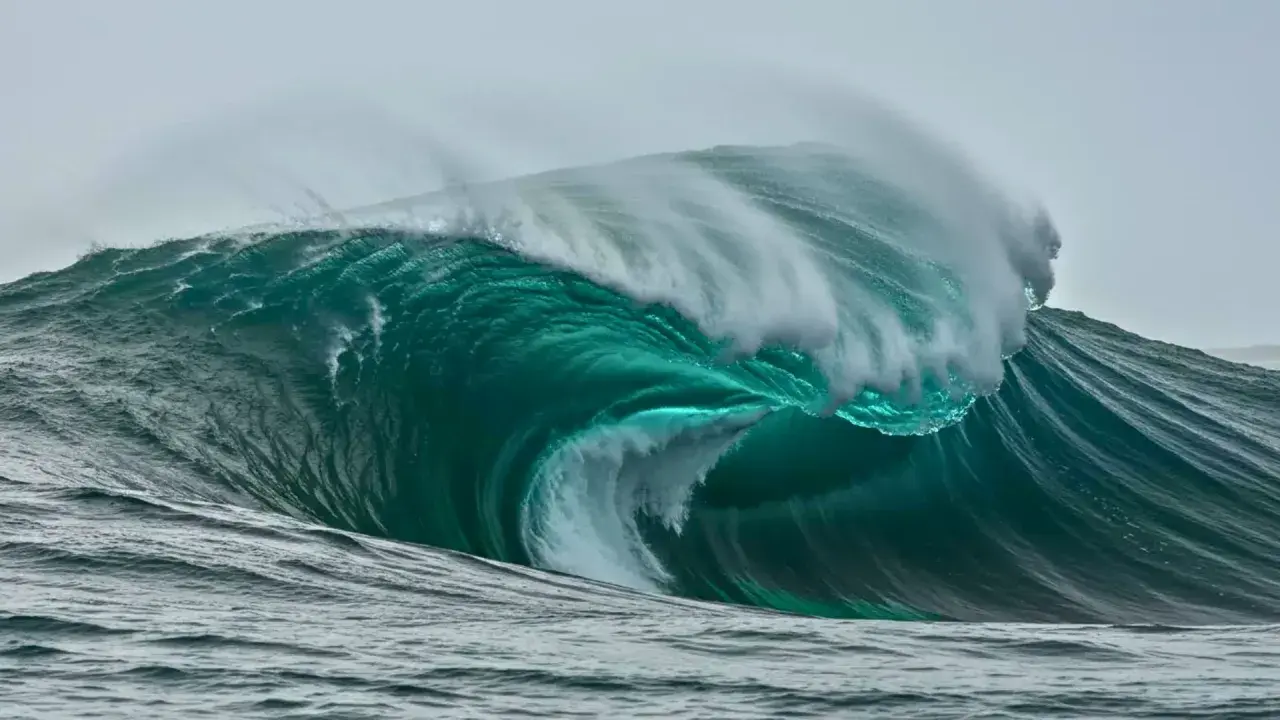Vague immense et turquoise, un spectacle de la nature. Une idée histoire à écrire sur la puissance des océans et le courage des hommes face à eux.