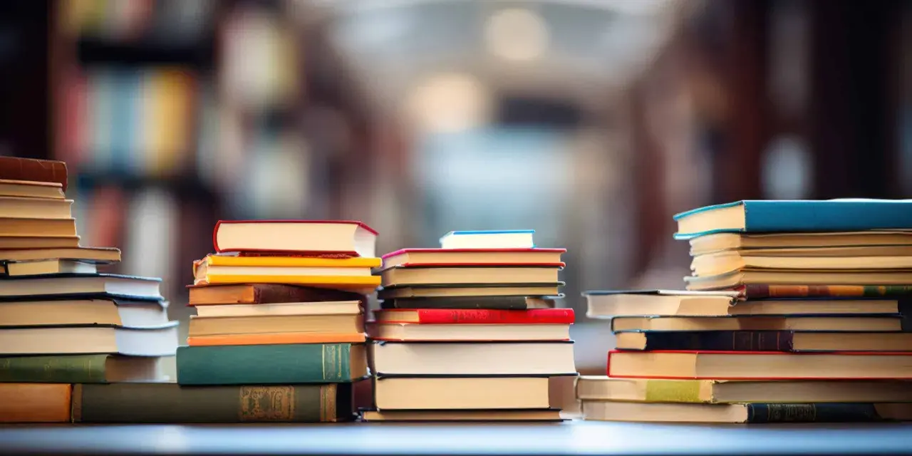 Des piles de livres colorés, formant une chaîne du livre, sur un fond flou de bibliothèque.