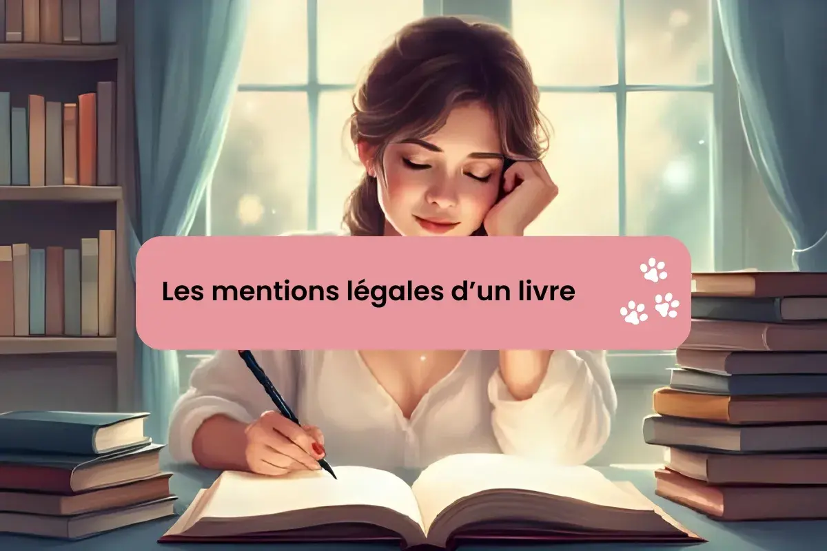 Jeune femme écrivant dans un livre ouvert, entourée de livres. Le texte "Les mentions légales d'un livre" apparaît sur un bandeau rose.