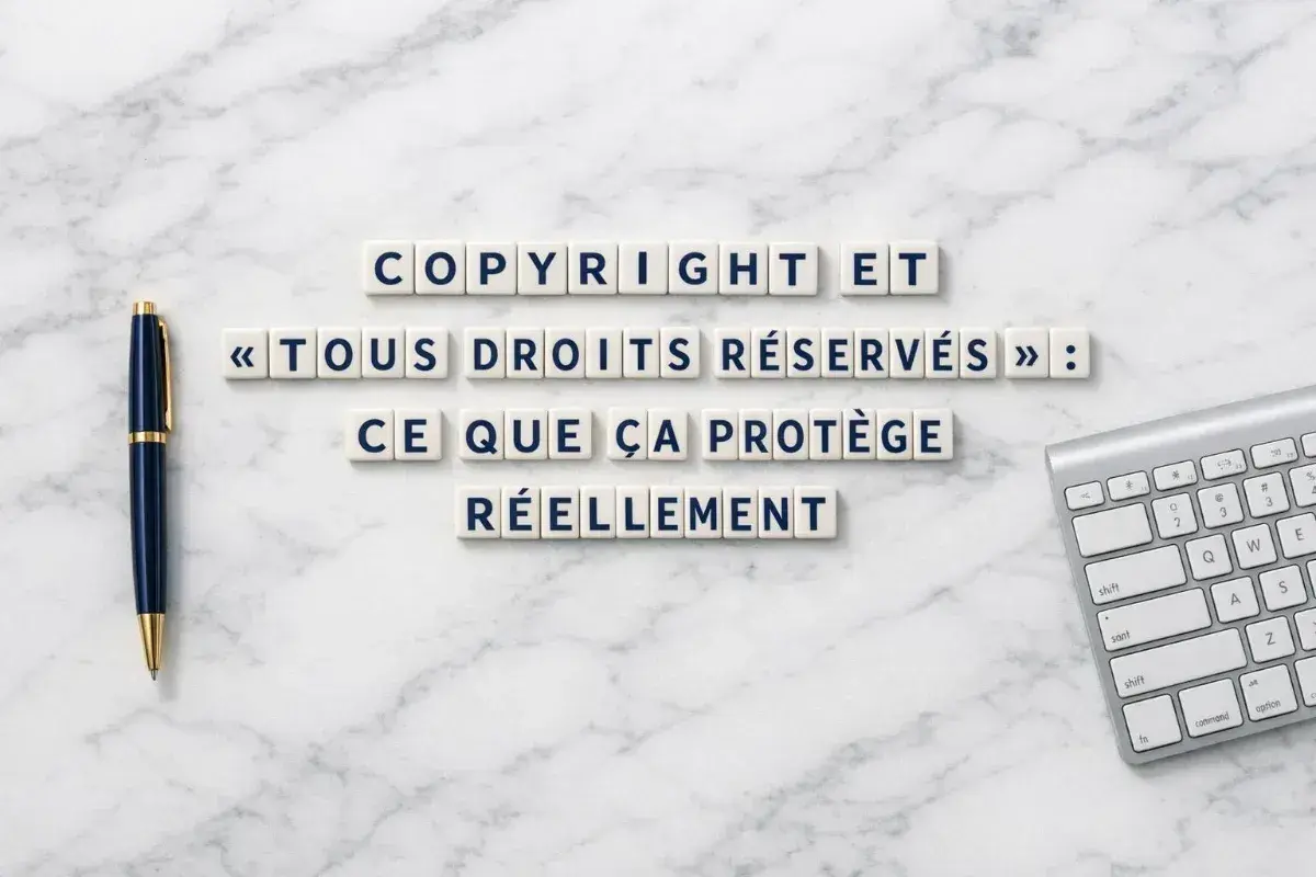 Des lettres forment "Copyright et « Tous droits réservés » : ce que ça protège réellement". Idéal pour une nouvelle maison d'édition.