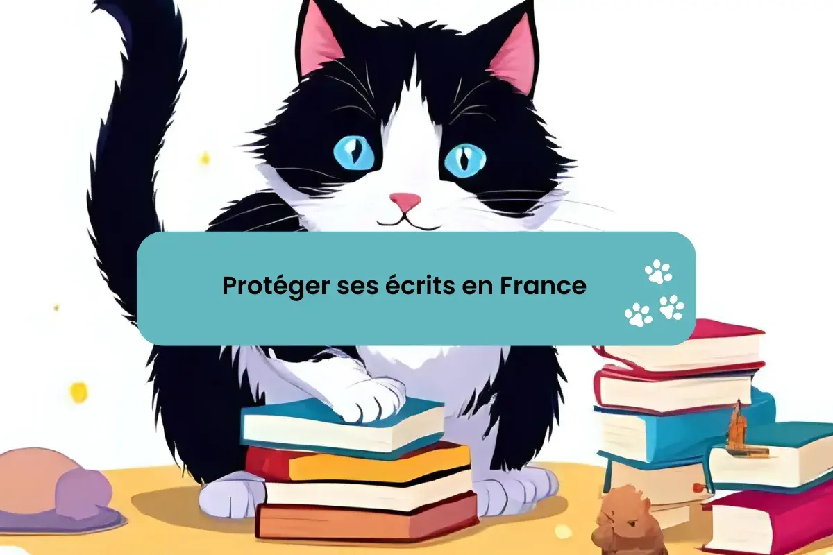 Un chat noir et blanc est assis sur des livres, avec le texte "Protéger ses écrits en France". Aide à choisir quelle maison d'édition choisir.