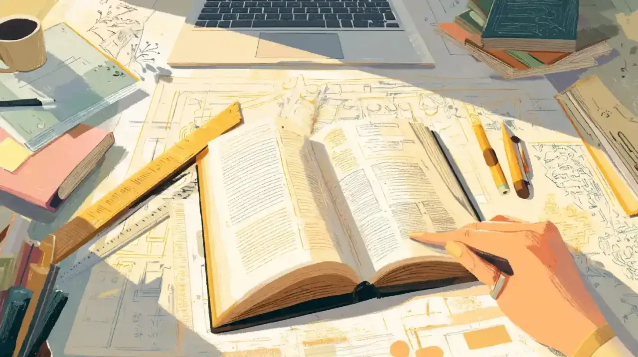 Une main parcourt une maquette de livre ouverte, entourée d'outils de dessin, d'un ordinateur portable et de livres.