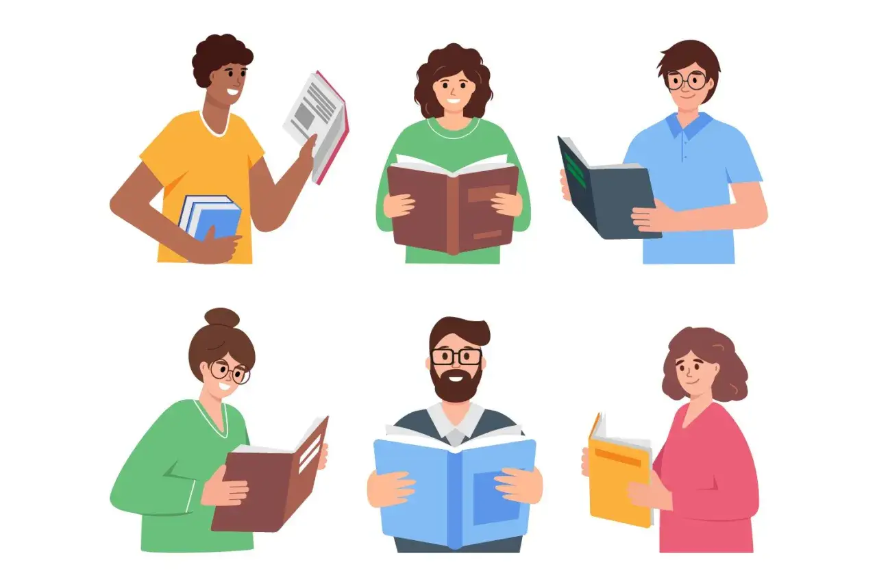 Six personnes lisent des livres, créant une atmosphère feel good. Un auteur heureux de partager ses histoires.