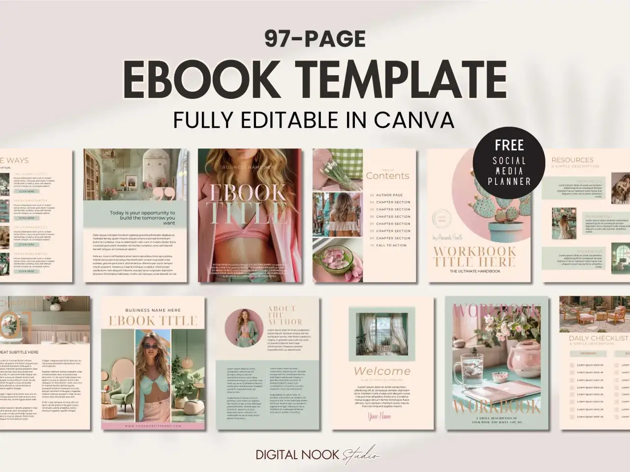 Modèle d'ebook 97 pages, entièrement personnalisable dans Canva. Idéal pour créer votre propre livre numérique, avec des sections pour le contenu, l'auteur et des ressources. Un outil parfait pour votre projet d'ebook.