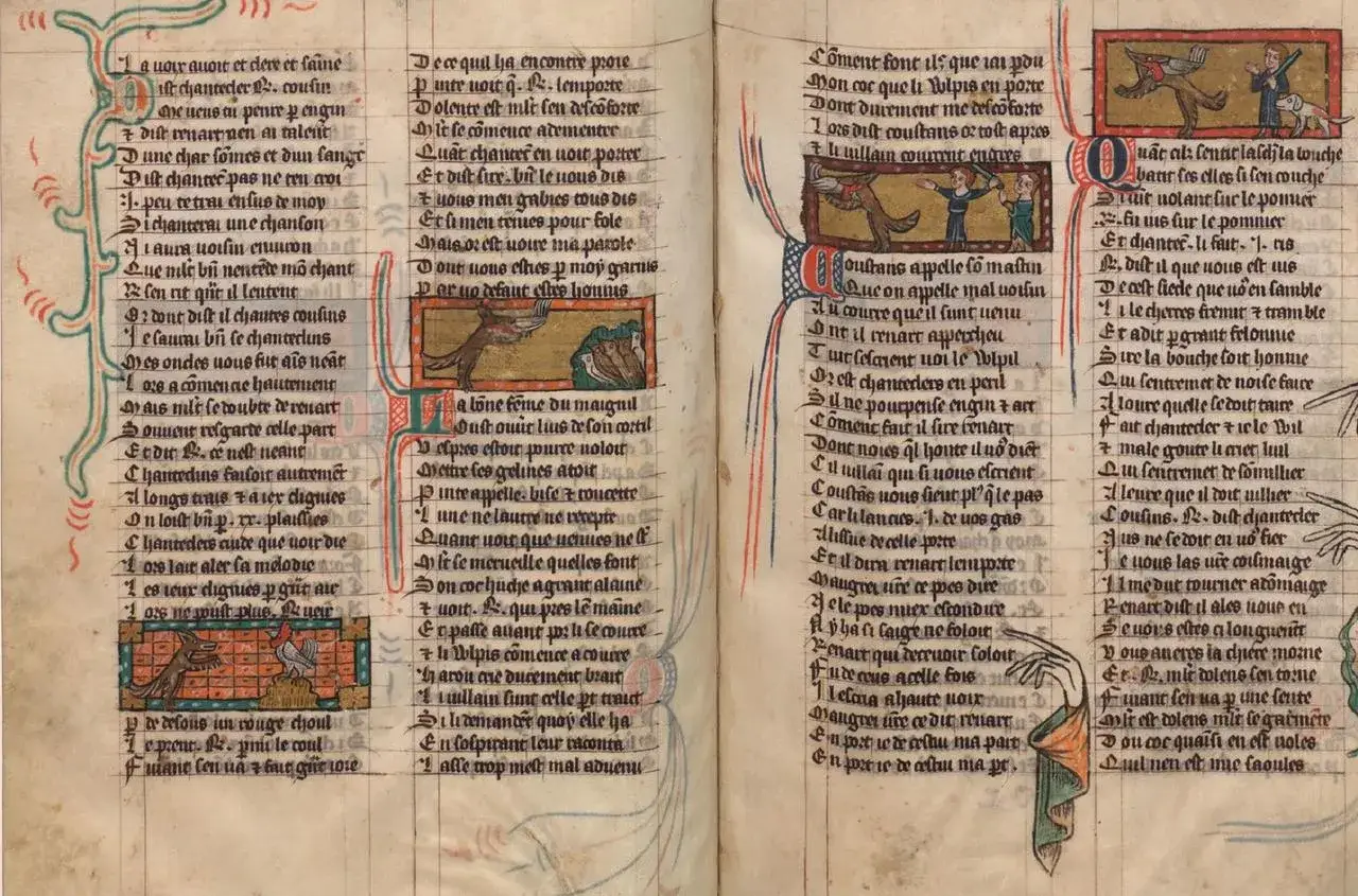Manuscrit médiéval illustré. Une scène de chasse où un renard poursuit un coq. Le texte, en ancien français, raconte une histoire, peut-être celle d'où vient le mot roman.