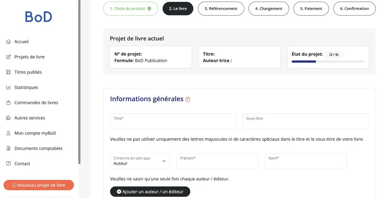 Interface pour le dépôt livre gratuit : saisie des informations générales d'un projet de livre, incluant titre, sous-titre et auteur.