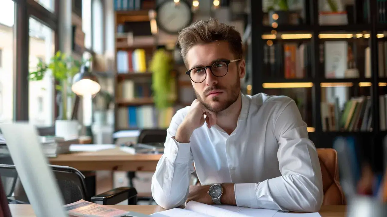 Un jeune homme pensif, lunettes rondes, chemise blanche, travaille sur un manuscrit. L'édition PKJ est en cours.
