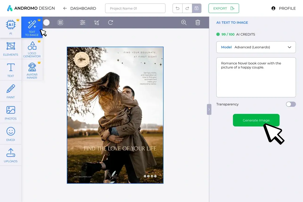 Une couverture de livre d'amour romantique générée par IA, montrant un couple heureux.