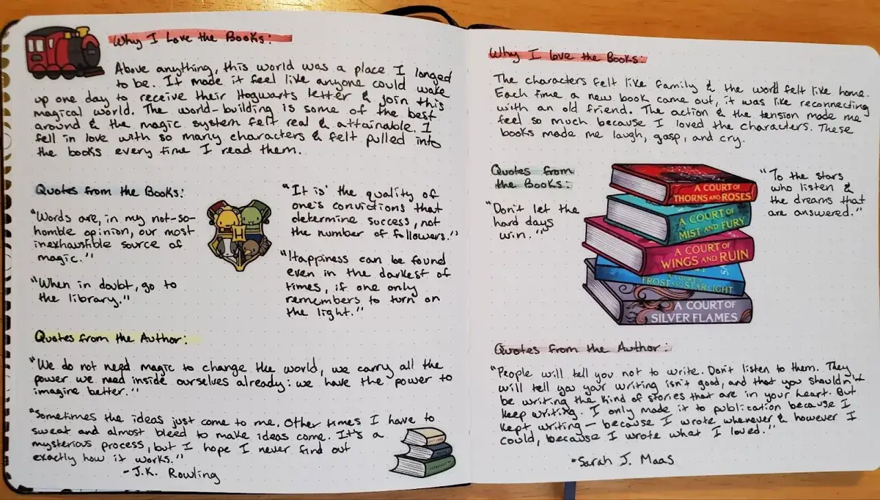 Une page de journal remplie de citations sur les livres, avec une idée d'histoire à écrire.