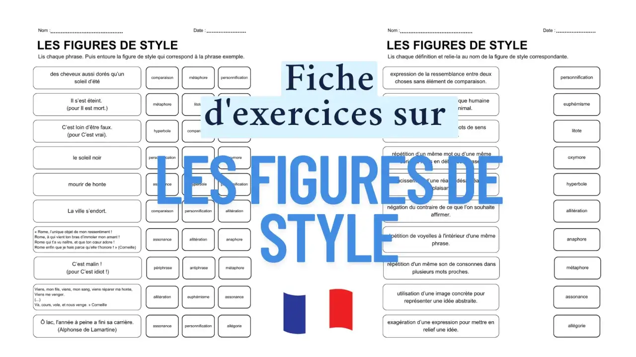 Fiche d'exercices sur les figures de style, incluant la répétition d'un même son (figure de style répétition son).
