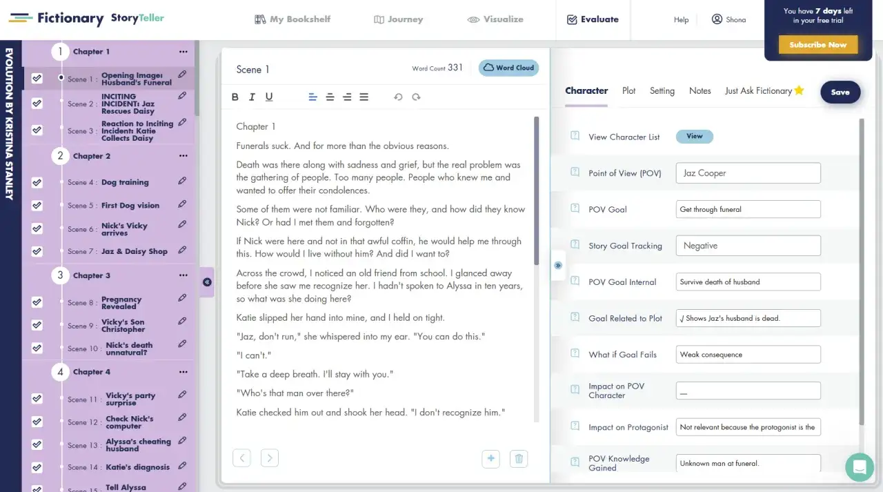 Interface d'un logiciel d'écriture de roman, montrant la structure d'un chapitre et le texte d'une scène, avec des outils d'analyse de personnage et de scénario.