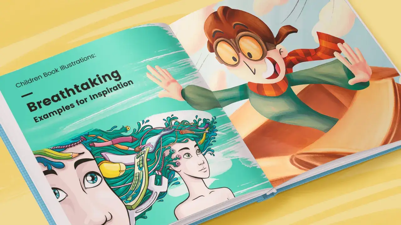 L'illustration d'un livre pour enfant, avec un jeune aviateur et une jeune fille aux cheveux créatifs. Un livre qui inspire tout auteur littérature jeunesse.