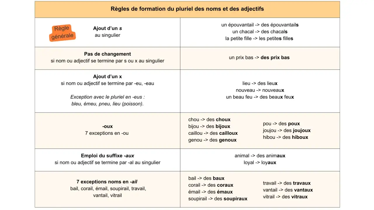 Tableau des r&egrave;gles de formation du pluriel en fran&ccedil;ais, sans erreur. Il d&eacute;taille l'ajout de 's', 'x', les exceptions et les suffixes comme '-aux'.