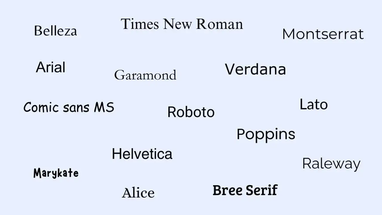 Liste de noms de police d'écriture : Belleza, Times New Roman, Montserrat, Arial, Garamond, Verdana, Comic sans MS, Roboto, Lato, Poppins, Helvetica, Raleway, Marykate, Alice, Bree Serif.
