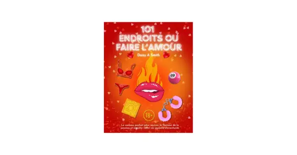 Titre livre amour : "101 Endroits où Faire l'Amour" par Daisy A Smith. Couverture suggestive avec lingerie, préservatif, menottes et lèvres.