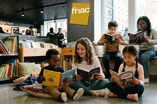 Des enfants plongent dans des albums jeunesse incontournables, un moment de lecture paisible dans un magasin Fnac.