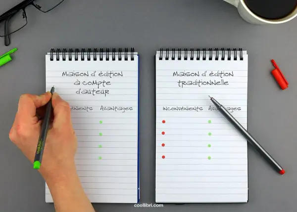 Deux carnets comparant les avantages et inconvénients d'une maison d'édition à compte d'auteur et traditionnelle.