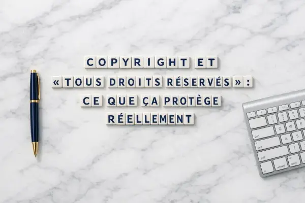 Des lettres forment "Copyright et « Tous droits réservés » : ce que ça protège réellement". Idéal pour une nouvelle maison d'édition.